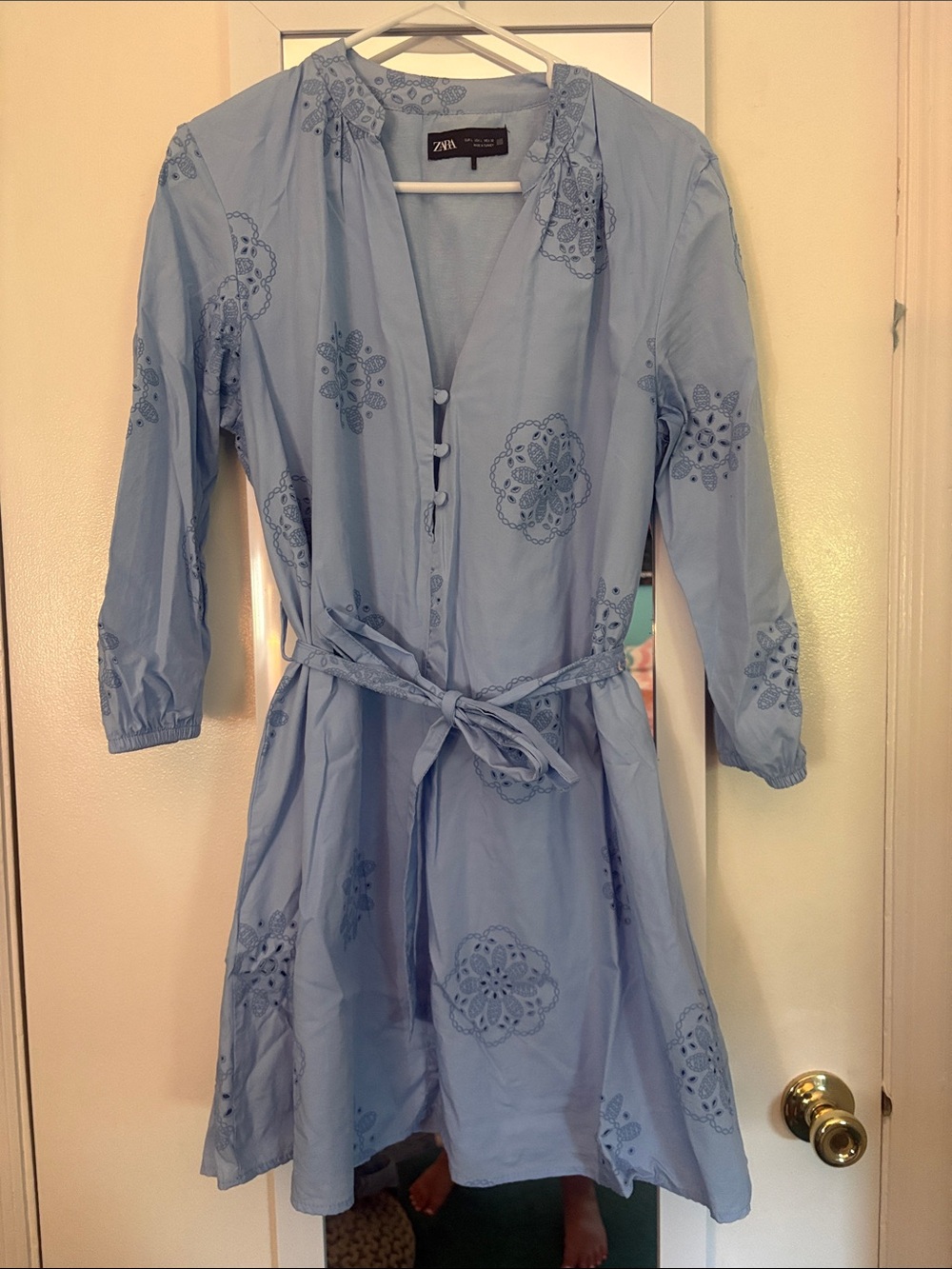 Zara Powder Blue Embroidered Tie-Waist Midi Dress